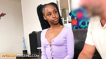 Producer auditions ebony beauty for interracial sex scene with big white cock