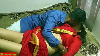 Indian mature lady aunty Merry enjoys Christmas day with young man in red saree