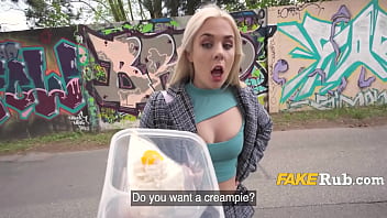 A European girl gives a blowjob and receives a creampie from a random stranger